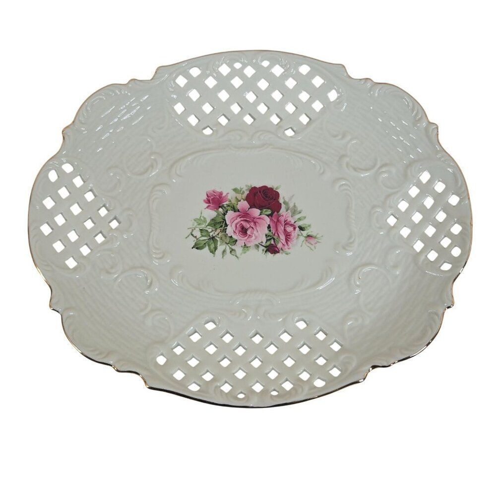 Vintage Formalities By Baum Bros Porcelain Reticulated Plate Pink Red Roses Gold